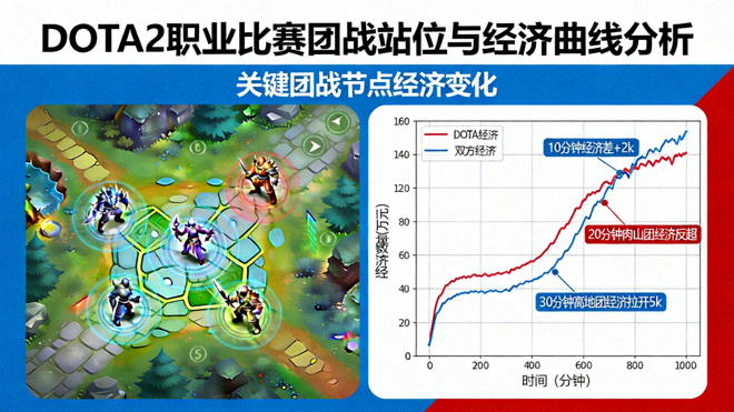 DOTA2职业比赛团战站位与经济曲线走势分析画面